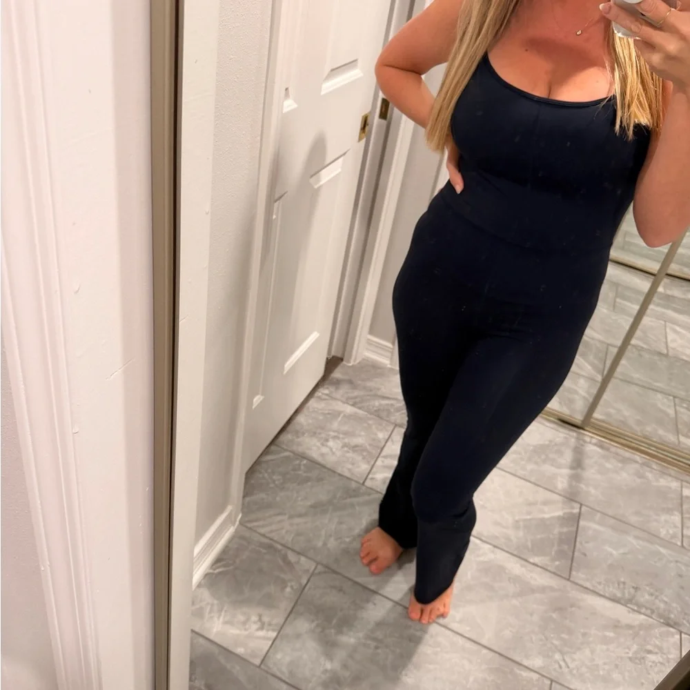 Quince Ultra-Form Kick Flare Jumpsuit Navy Blue - Picture 3 of 10